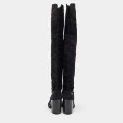 Chanel Black Suede CC Block Heel Knee Length Boots Size 38.5