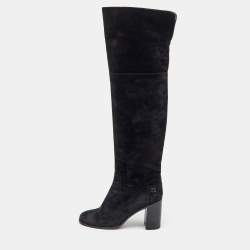 Chanel Black Suede CC Block Heel Knee Length Boots Size 38.5