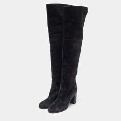 Chanel Black Suede CC Block Heel Knee Length Boots Size 38.5