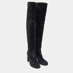 Chanel Black Suede CC Block Heel Knee Length Boots Size 38.5