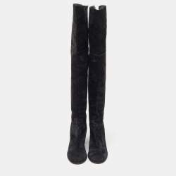 Chanel Black Suede CC Block Heel Knee Length Boots Size 38.5
