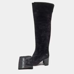 Chanel Black Suede CC Block Heel Knee Length Boots Size 38.5