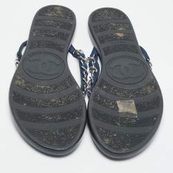 Pre Owned Chanel Navy Blue Suede Chain Link Thong Flats Size 39