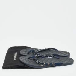 Pre Owned Chanel Navy Blue Suede Chain Link Thong Flats Size 39
