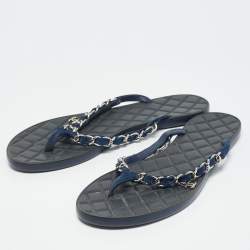 Pre Owned Chanel Navy Blue Suede Chain Link Thong Flats Size 39