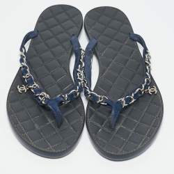 Pre Owned Chanel Navy Blue Suede Chain Link Thong Flats Size 39