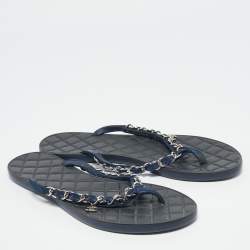 Pre Owned Chanel Navy Blue Suede Chain Link Thong Flats Size 39