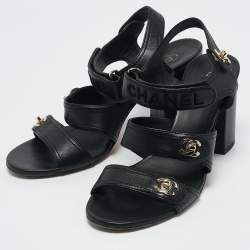 Pre Owned Chanel Black Leather CC Turnlock Ankle Strap Sandals Size 40.5