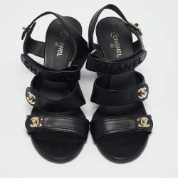 Pre Owned Chanel Black Leather CC Turnlock Ankle Strap Sandals Size 40.5