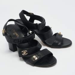 Pre Owned Chanel Black Leather CC Turnlock Ankle Strap Sandals Size 40.5