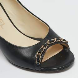 Chanel Black Leather Chain Trim Peep Toe Block Heel  Pumps Size 37 