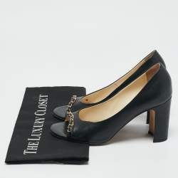 Chanel Black Leather Chain Trim Peep Toe Block Heel  Pumps Size 37 