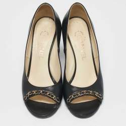 Chanel Black Leather Chain Trim Peep Toe Block Heel  Pumps Size 37 