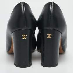 Chanel Black Leather Chain Trim Peep Toe Block Heel  Pumps Size 37 