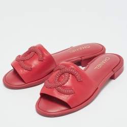 Chanel Pink Leather Flat Slide Sandals Size 40