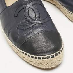 Chanel Black/Navy Blue Leather CC Cap Toe Espadrille Flats Size 40