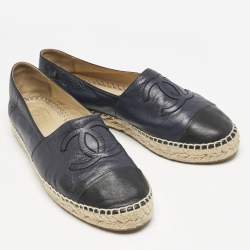 Chanel Black/Navy Blue Leather CC Cap Toe Espadrille Flats Size 40