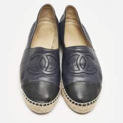 Chanel Black/Navy Blue Leather CC Cap Toe Espadrille Flats Size 40
