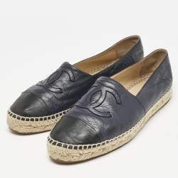 Chanel Black/Navy Blue Leather CC Cap Toe Espadrille Flats Size 40