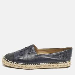 Chanel Black/Navy Blue Leather CC Cap Toe Espadrille Flats Size 40