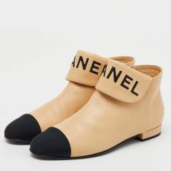 Chanel Beige/Black Leather Logo Ankle Length Boots Size 37