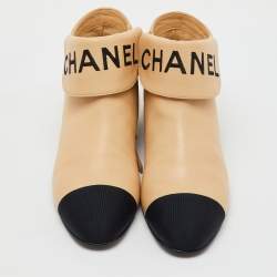 Chanel Beige/Black Leather Logo Ankle Length Boots Size 37