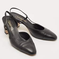 Pre Owned Chanel Black Leather CC Cap Toe Slingback Pumps Size 40.5