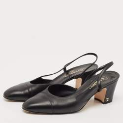 Pre Owned Chanel Black Leather CC Cap Toe Slingback Pumps Size 40.5