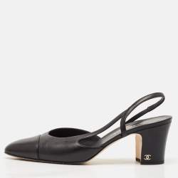 Pre Owned Chanel Black Leather CC Cap Toe Slingback Pumps Size 40.5