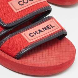 Chanel Red/Black Fabric and Leather Coco Chanel Strap Flat Sandals Size 38