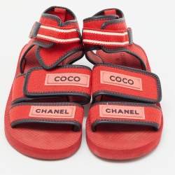 Chanel Red/Black Fabric and Leather Coco Chanel Strap Flat Sandals Size 38