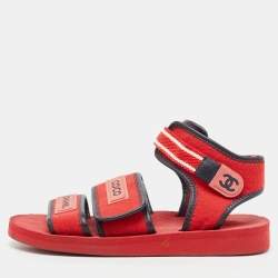 Chanel Red/Black Fabric and Leather Coco Chanel Strap Flat Sandals Size 38