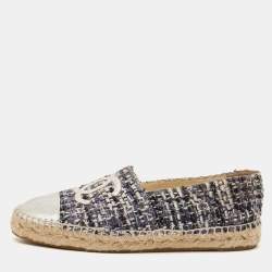 Chanel Silver/Blue Leather And Tweed CC Cap Toe Espadrille Flats Size 38