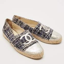 Chanel Silver/Blue Leather And Tweed CC Cap Toe Espadrille Flats Size 38