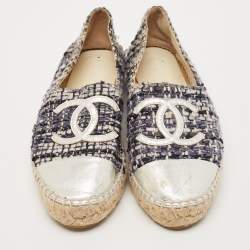 Chanel Silver/Blue Leather And Tweed CC Cap Toe Espadrille Flats Size 38
