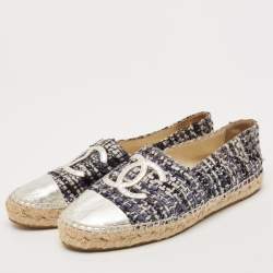 Chanel Silver/Blue Leather And Tweed CC Cap Toe Espadrille Flats Size 38