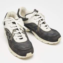 Pre Owned Chanel Black/White Suede and Canvas CC Lace Up Sneakers Size 37.5