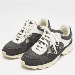 Pre Owned Chanel Black/White Suede and Canvas CC Lace Up Sneakers Size 37.5