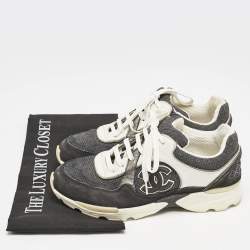 Pre Owned Chanel Black/White Suede and Canvas CC Lace Up Sneakers Size 37.5