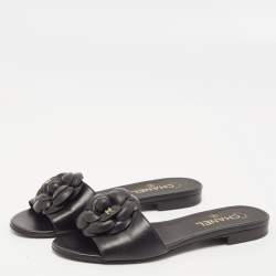Pre Owned Chanel Black Leather CC Camellia Flat Slides Size 39