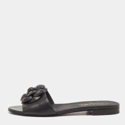 Pre Owned Chanel Black Leather CC Camellia Flat Slides Size 39
