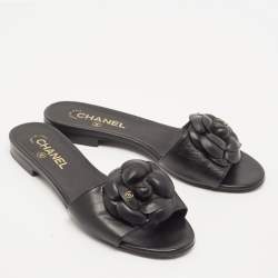 Pre Owned Chanel Black Leather CC Camellia Flat Slides Size 39