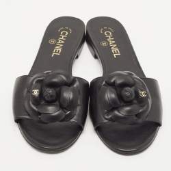 Pre Owned Chanel Black Leather CC Camellia Flat Slides Size 39