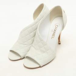 Chanel White Quilted Leather CC Open Toe Pumps Size 38