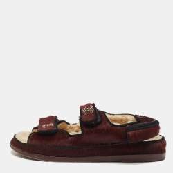 Chanel Burgundy/Black Calfhair CC Dad Flat Sandals Size 38