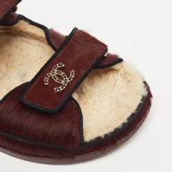 Chanel Burgundy/Black Calfhair CC Dad Flat Sandals Size 38