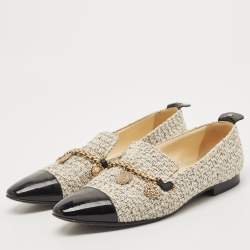 Chanel Black/Cream Tweed and Patent Charm Embellished Loafers Size 38.5