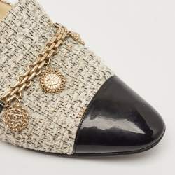 Chanel Black/Cream Tweed and Patent Charm Embellished Loafers Size 38.5