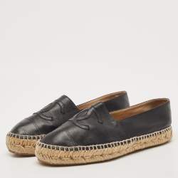 Chanel Black Leather CC Cap Toe Espadrille Flats Size 39