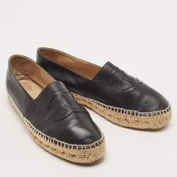 Chanel Black Leather CC Cap Toe Espadrille Flats Size 39